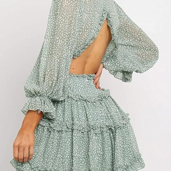 Long Sleeve Ruffle Layer A Line Chiffon Swing Mini Dress - Picture 3 of 5
